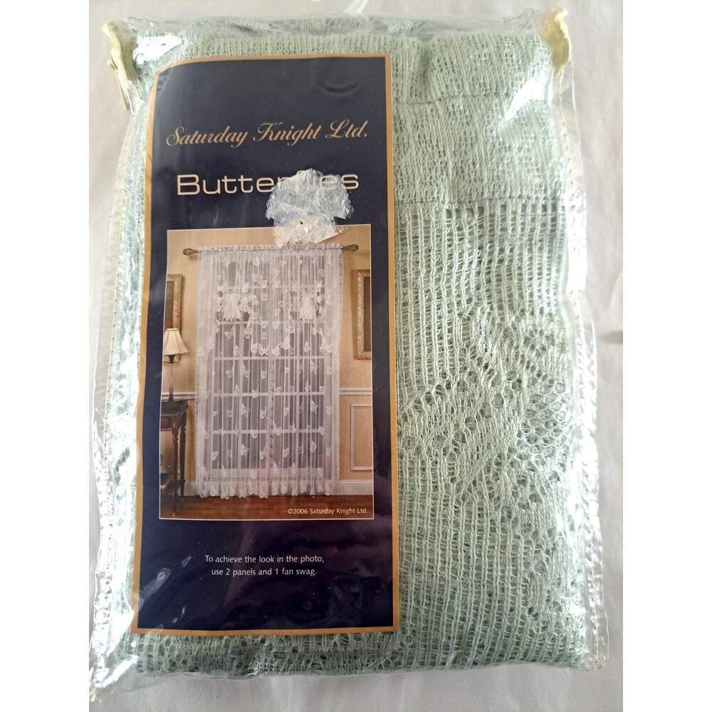 NEW Vintage Lace Swag Curtain Panels Butterflies Sage Green Boho Cottage 58x38